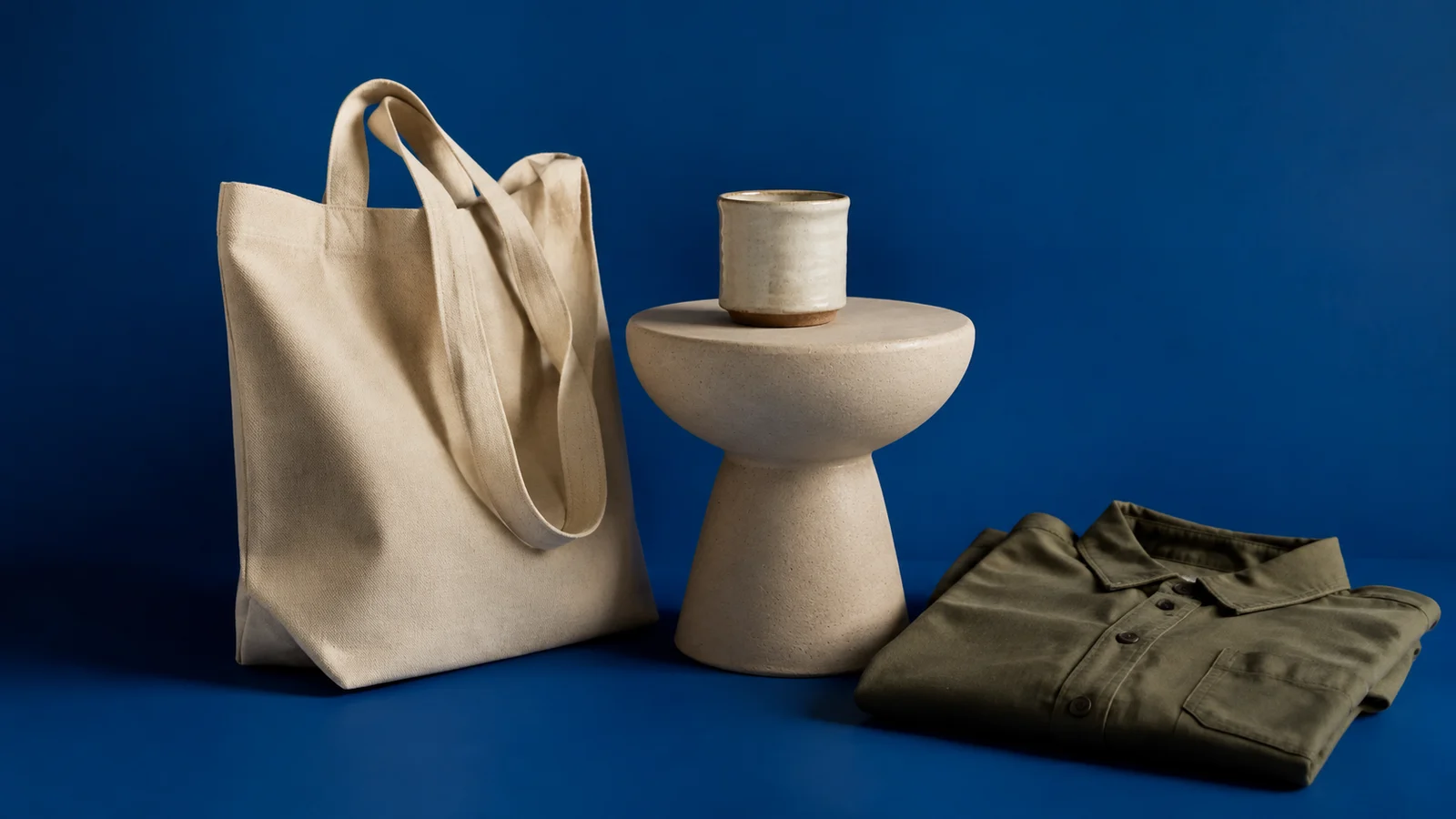 Curated canvas, ceramics and clothing against blue